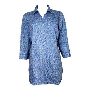 Lands End Shirt Womens Size 18W Blue Floral No Iron Button Down Long Sleeve